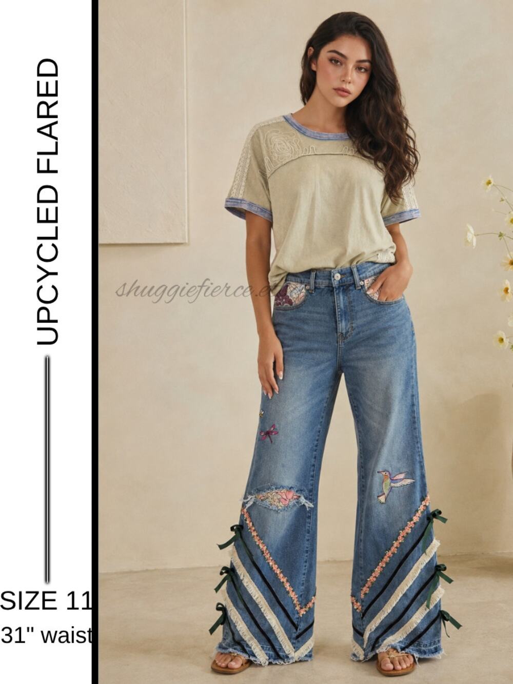 ✨Shuggie Fierce Designs One-of-a-Kind Upcycled Flared Embroidered Jeans Size 11✨